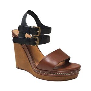 CHLOE Groove Platform Sandal Double Strap Buckle Black Brown Leather Wedge